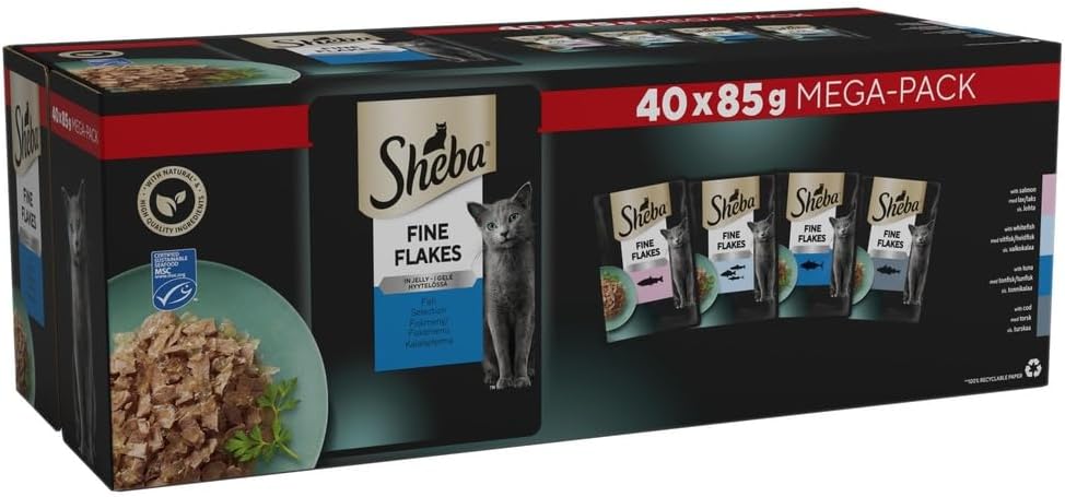 Sheba Fine Flakes in Jelly – Fish Collection Wet Cat Food, 40 x 85g