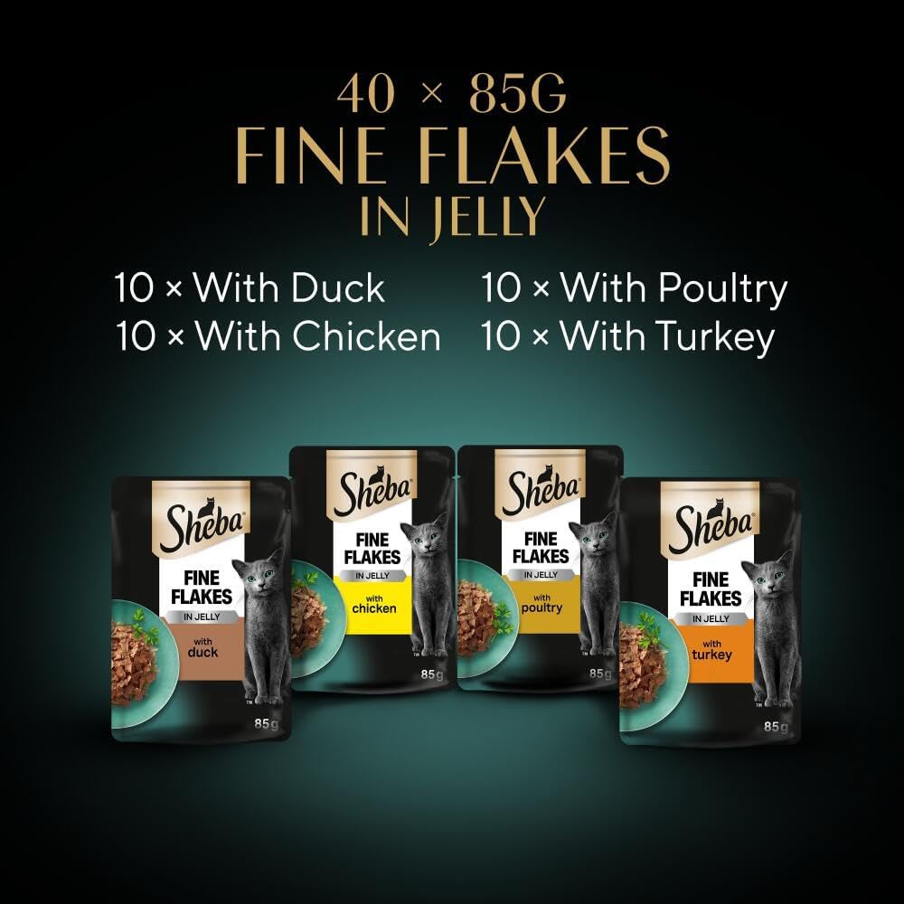 Sheba Fine Flakes in Jelly – Poultry Collection Wet Cat Food, 40 x 85g