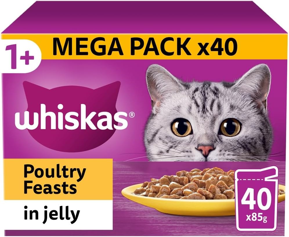 WHISKAS 1+ Adult Wet Cat Food Pouches - 40 x 85 g - Poultry Selection - Bulk Cat Food Megapack - 40 Jelly Pouches