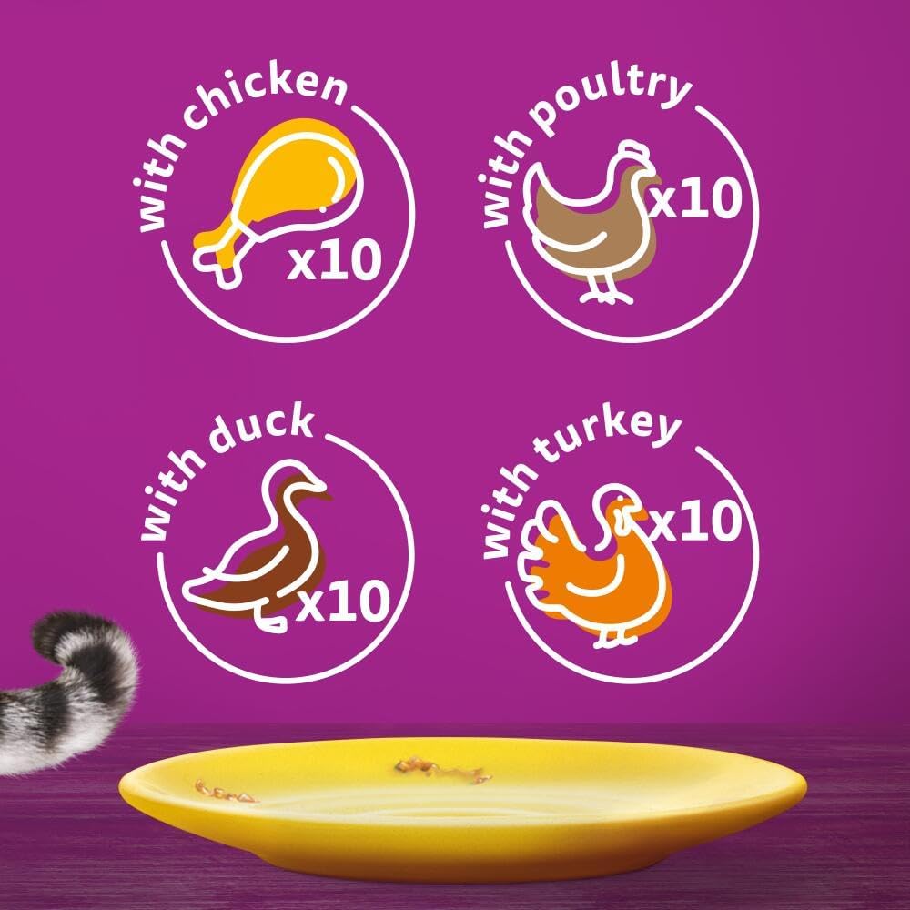 WHISKAS 1+ Adult Wet Cat Food Pouches - 40 x 85 g - Poultry Selection - Bulk Cat Food Megapack - 40 Jelly Pouches