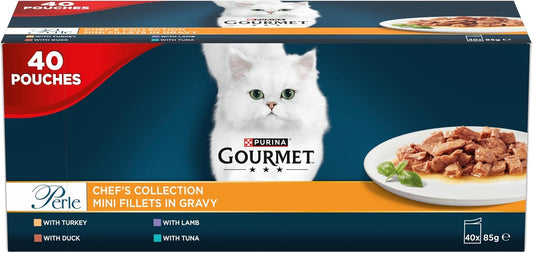 GOURMET Perle Chef’s Collection Adult Wet Cat Food – Mini Fillets in Gravy, 40 x 85g Pouches