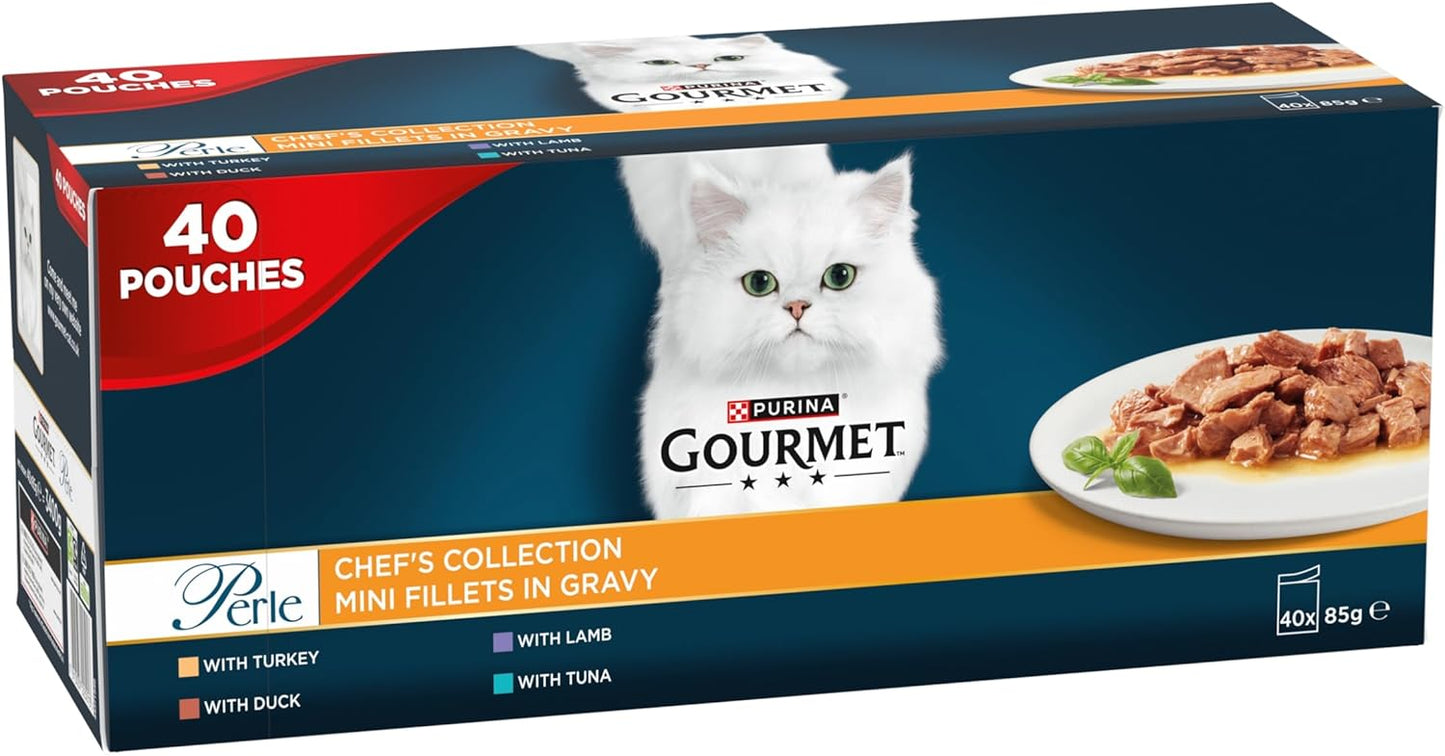 GOURMET Perle Chef’s Collection Adult Wet Cat Food – Mini Fillets in Gravy, 40 x 85g Pouches