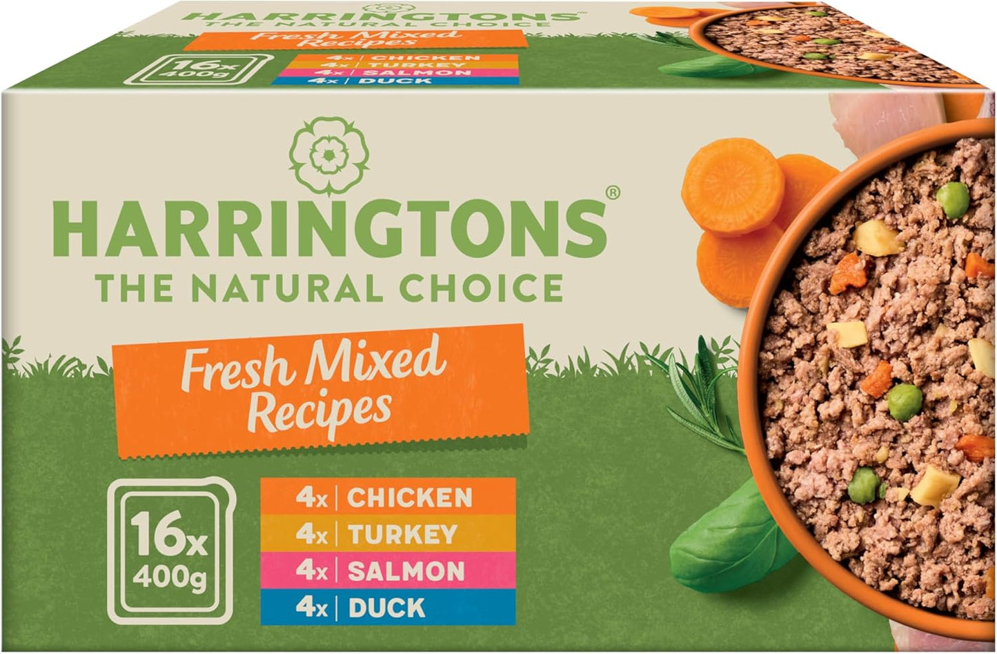 Harringtons Grain-Free Hypoallergenic Adult Dog Food – 16 x 400g trays, Chicken, Salmon, Turkey & Duck, made with all-natural ingredients.