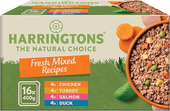 Harringtons Grain-Free Hypoallergenic Adult Dog Food – 16 x 400g trays, Chicken, Salmon, Turkey & Duck, made with all-natural ingredients.