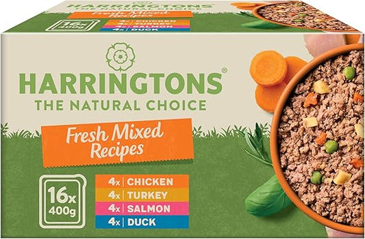 Harringtons Grain-Free Hypoallergenic Adult Dog Food – 16 x 400g trays, Chicken, Salmon, Turkey & Duck, made with all-natural ingredients.
