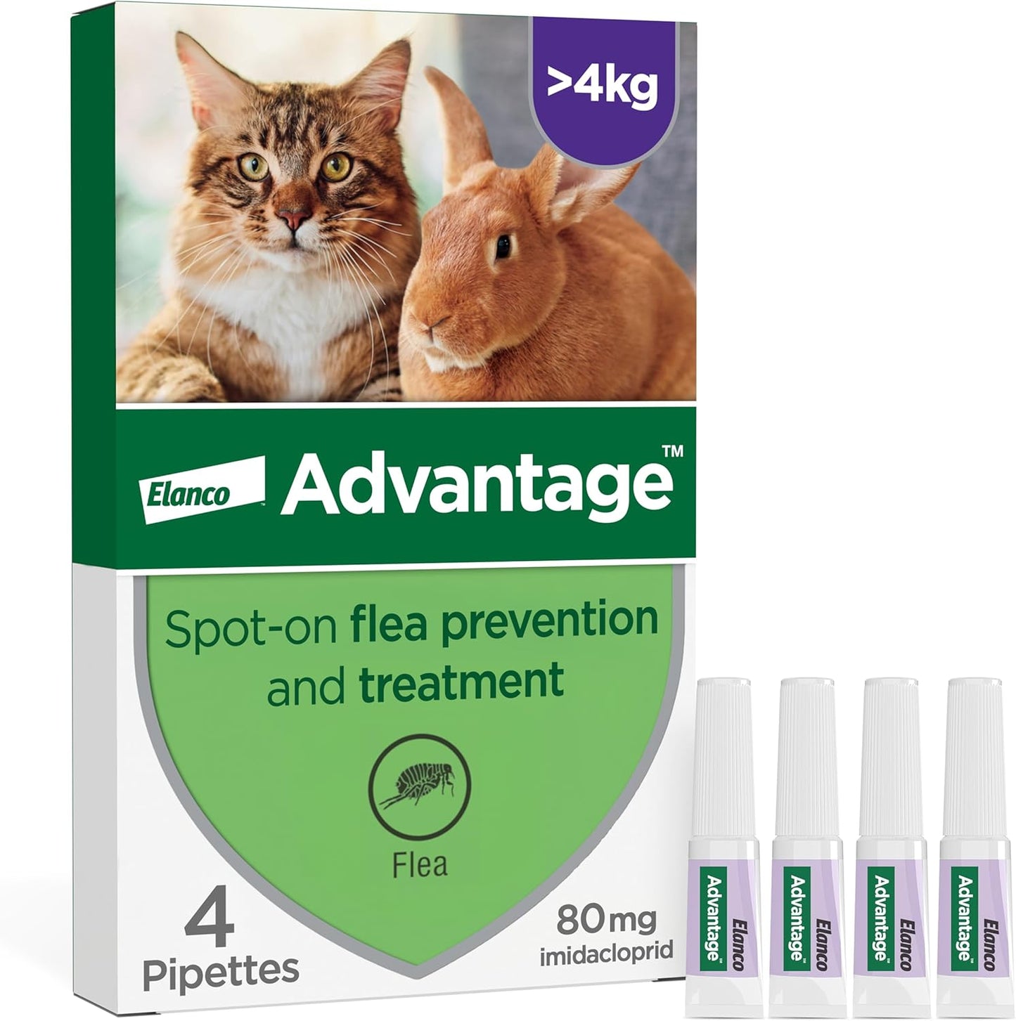Advantage Spot-On Flea Treatment for Large Cats &amp; Rabbits Over 4kg – 4 Pipettes (80mg)