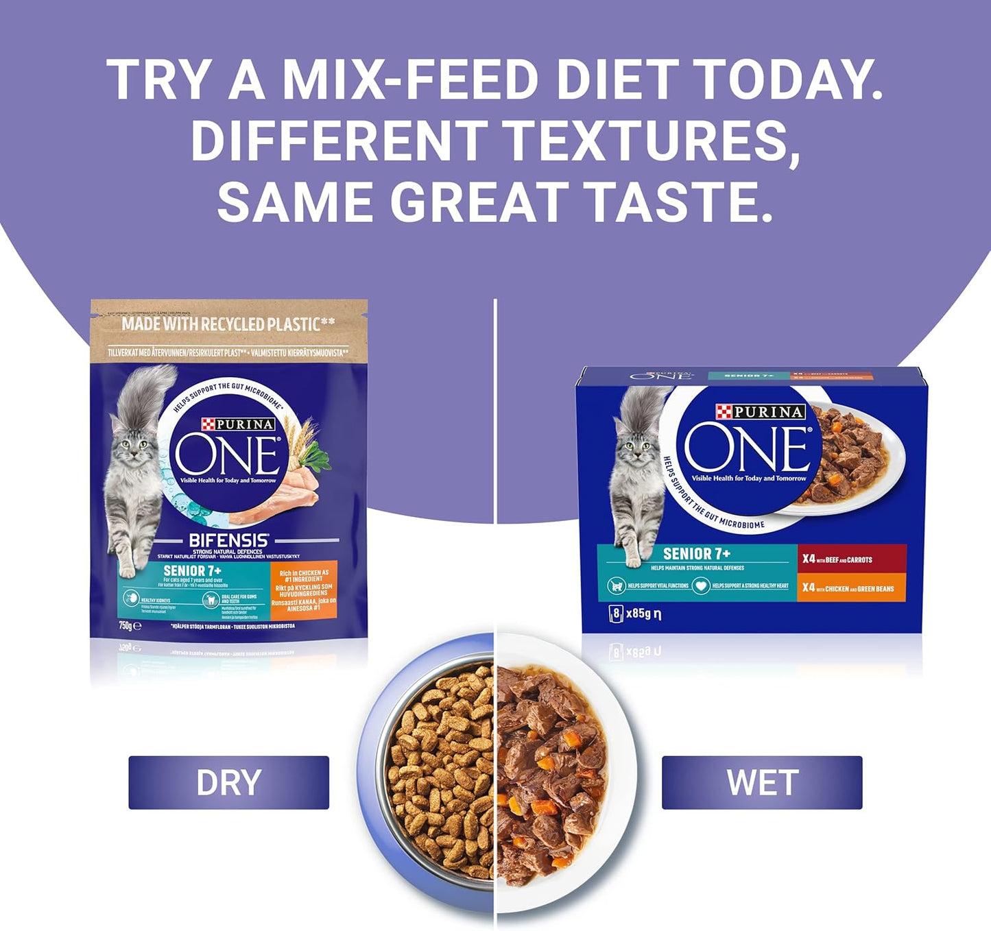 PURINA ONE Senior 7+ Mini Fillets Wet Cat Food – Chicken &amp; Beef, 8 x 85g (Pack of 5)