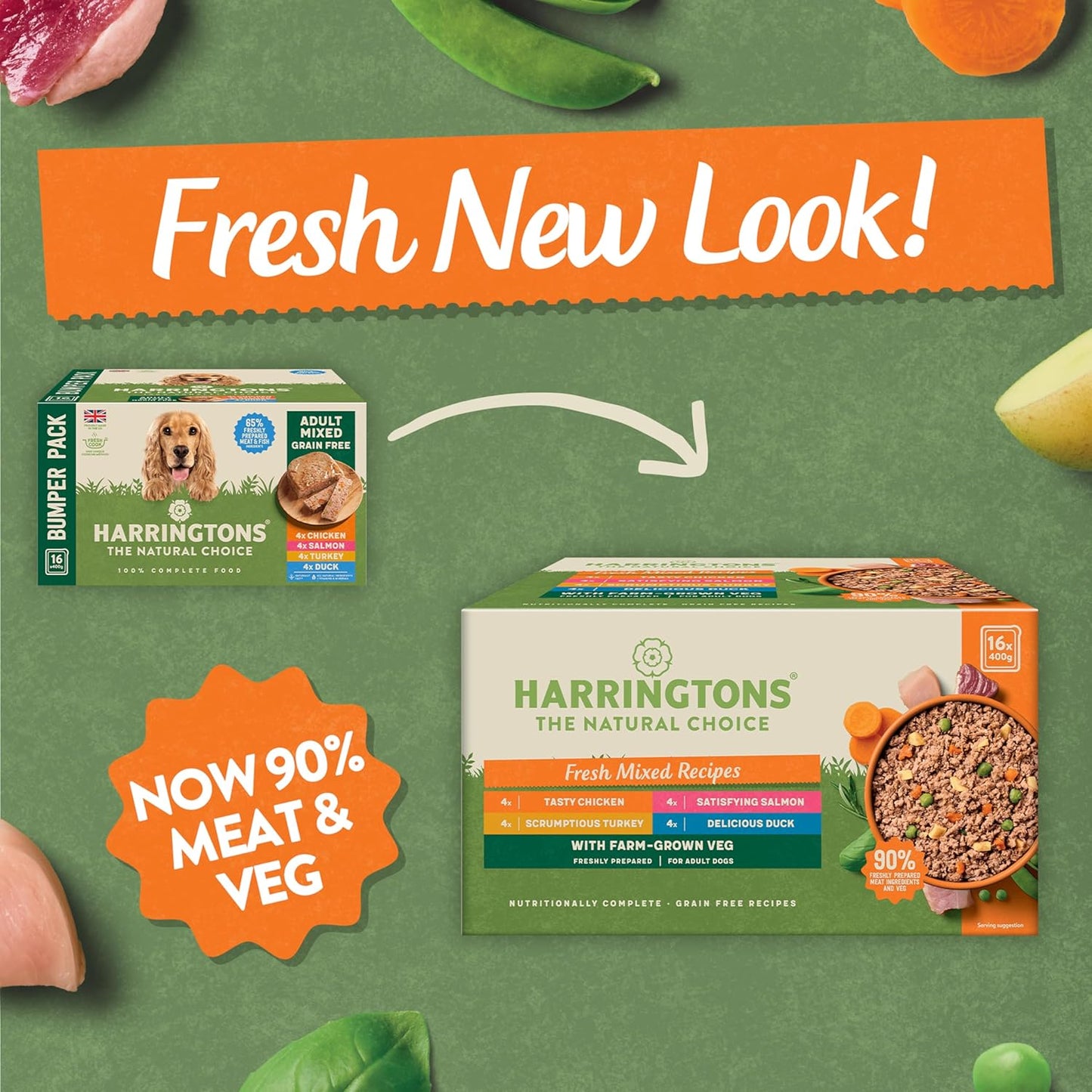 Harringtons Grain-Free Hypoallergenic Adult Dog Food – 16 x 400g trays, Chicken, Salmon, Turkey & Duck, made with all-natural ingredients.