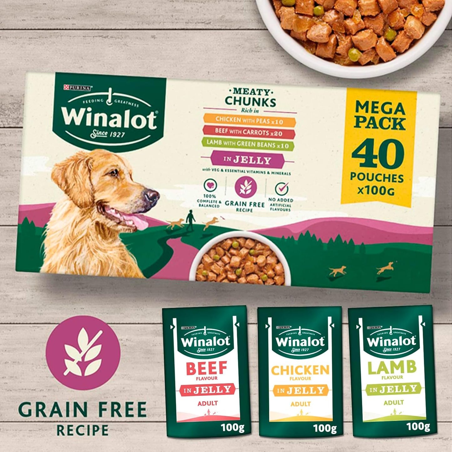 WINALOT Meaty Chunks Adult Wet Dog Food Mixed in Jelly Beef, Chicken, Lamb 40x100g Pouches