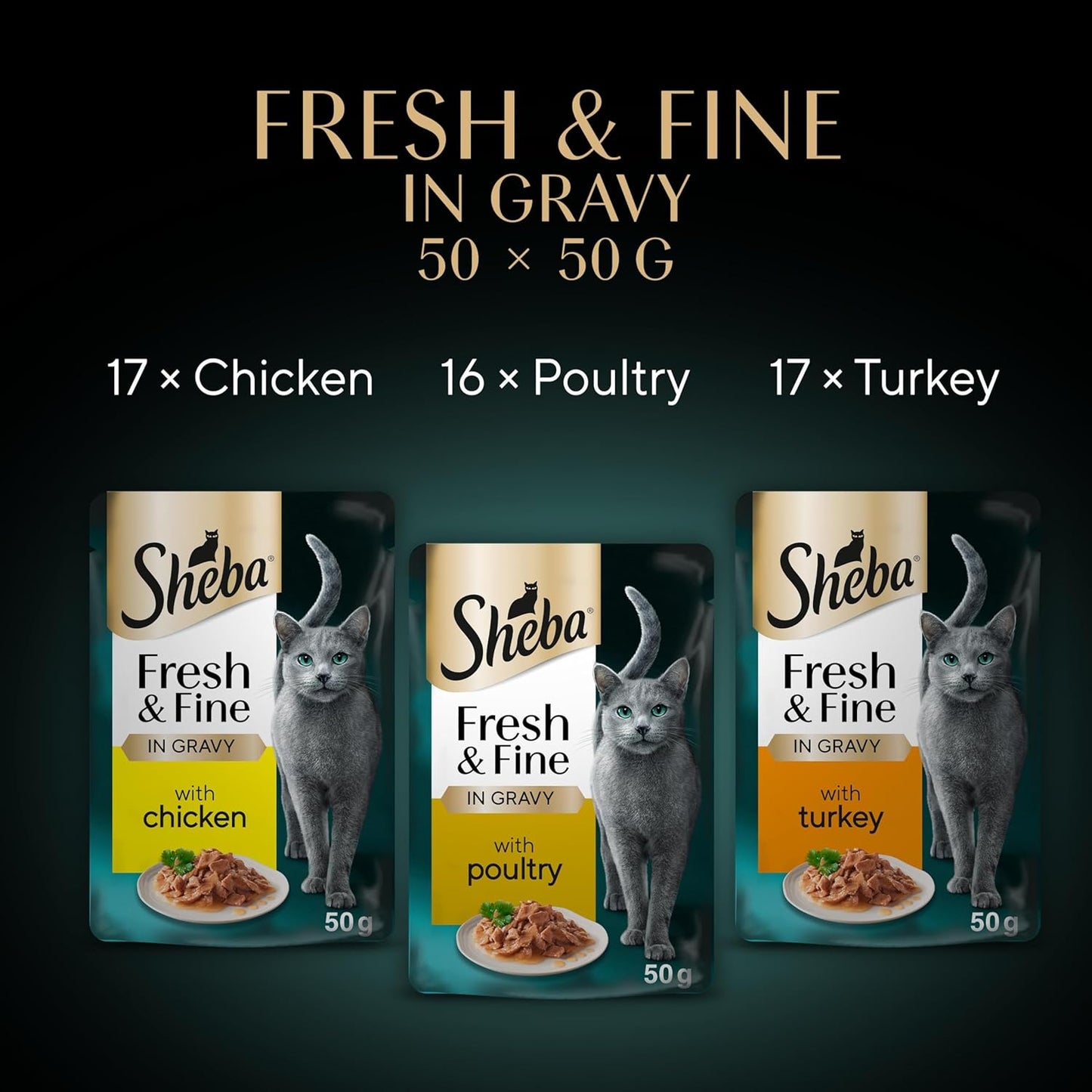 Sheba Fresh &amp; Fine Poultry in Gravy – Wet Cat Food, 50 x 50g Pouches