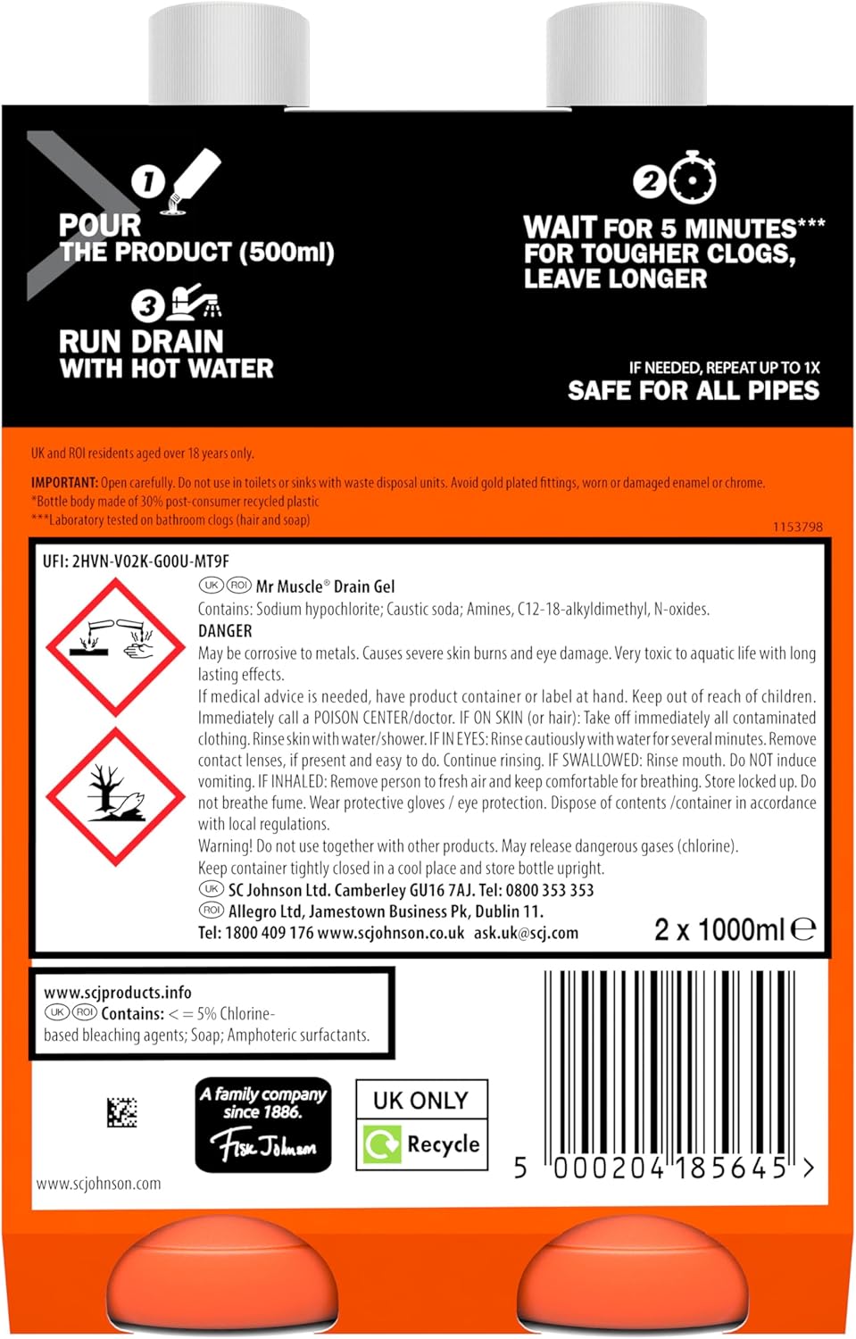 Mr Muscle Drain Unblocker – Sink & Drain Cleaner, Duo Pack (2 x 1L)