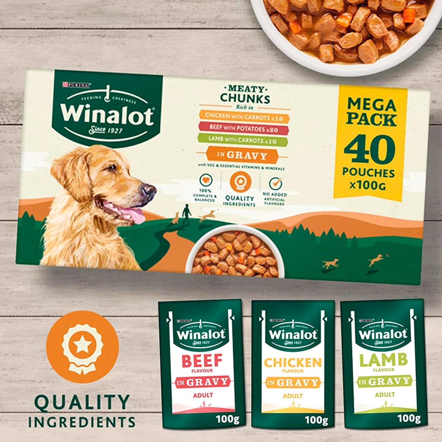 WINALOT Meaty Chunks Mixed in Gravy Wet Dog Food – 40 x 100g Pouches