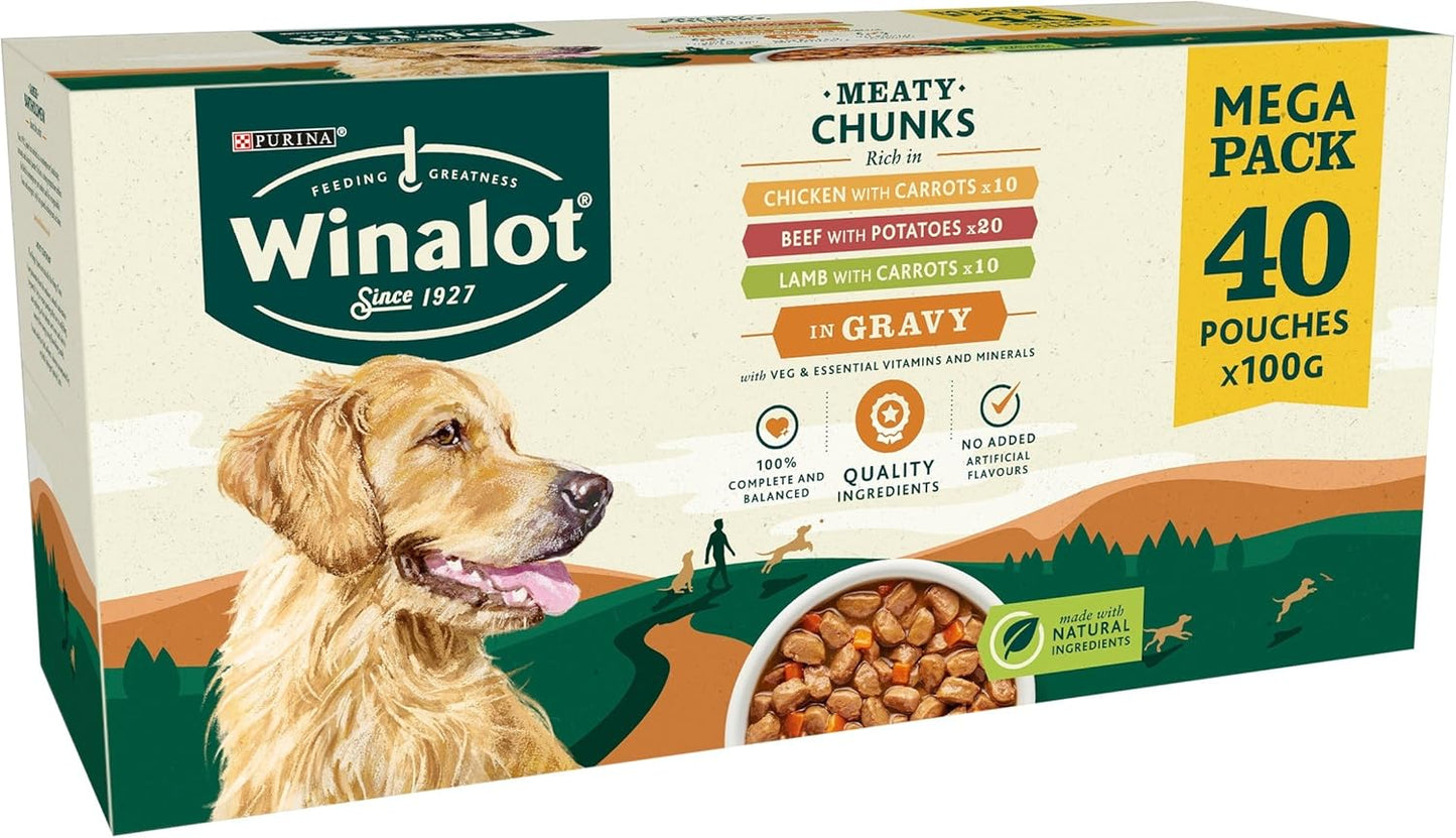 WINALOT Meaty Chunks Mixed in Gravy Wet Dog Food – 40 x 100g Pouches