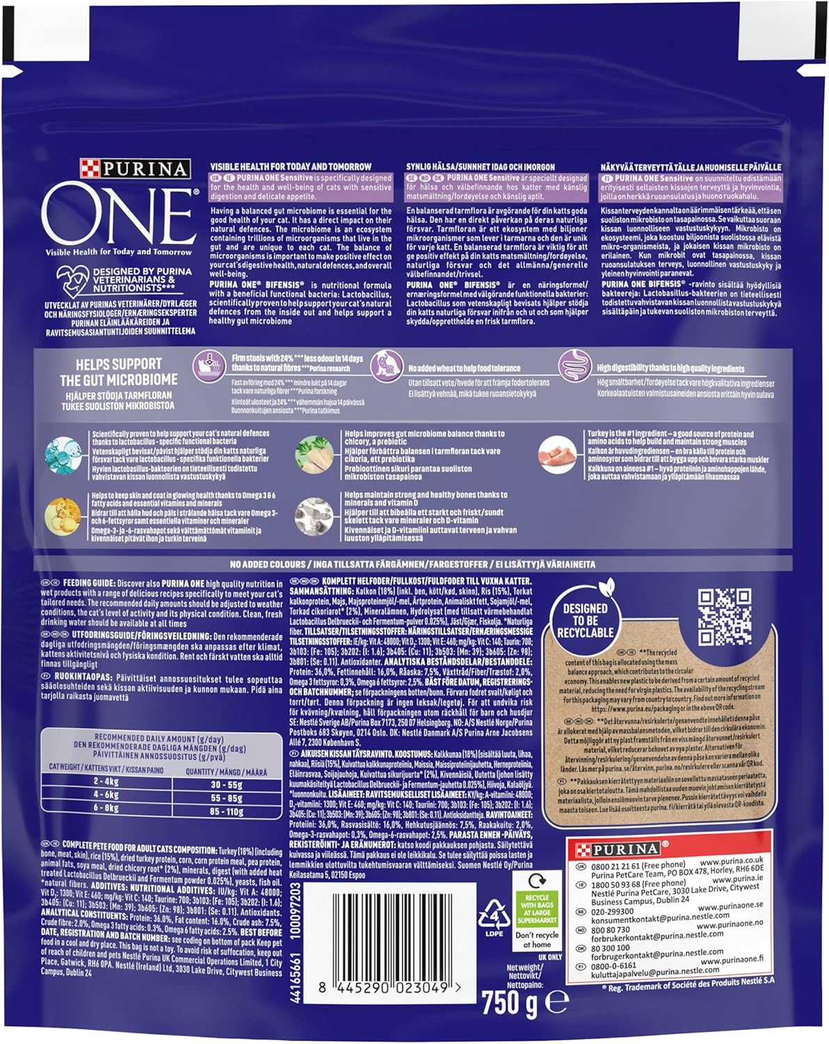 PURINA ONE Sensitive Turkey Dry Cat Food 750g (Pack of 4)