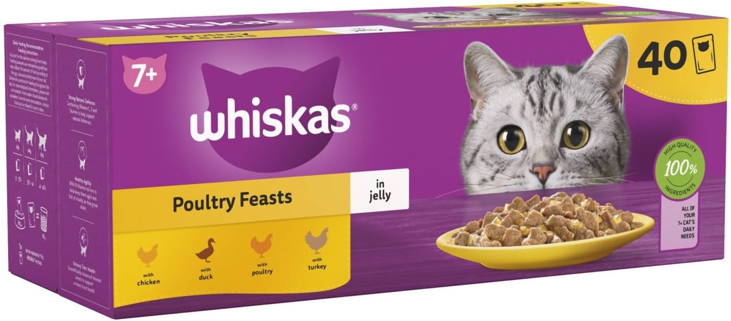 120 x 85g Whiskas 7+ Poultry Feasts Mixed Senior Wet Cat Food Pouches in Jelly